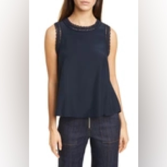 Cinq À Sept Ellina Navy 100% Silk Top Crochet Trim Details Business Dressy Small - Picture 8 of 8